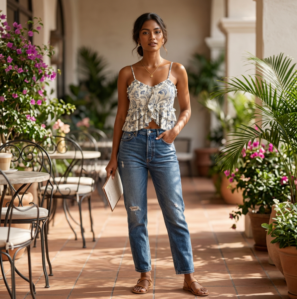 Vintage Blue Floral Ruched Crop Tops