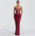 Women's Strapless Lace Corset Satin Maxi Dress