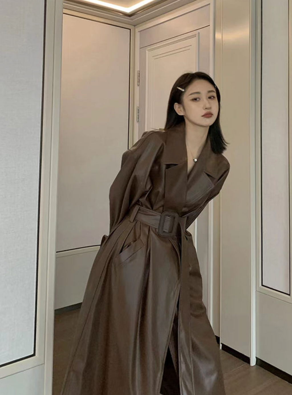 Long PU Leather Trench Coat