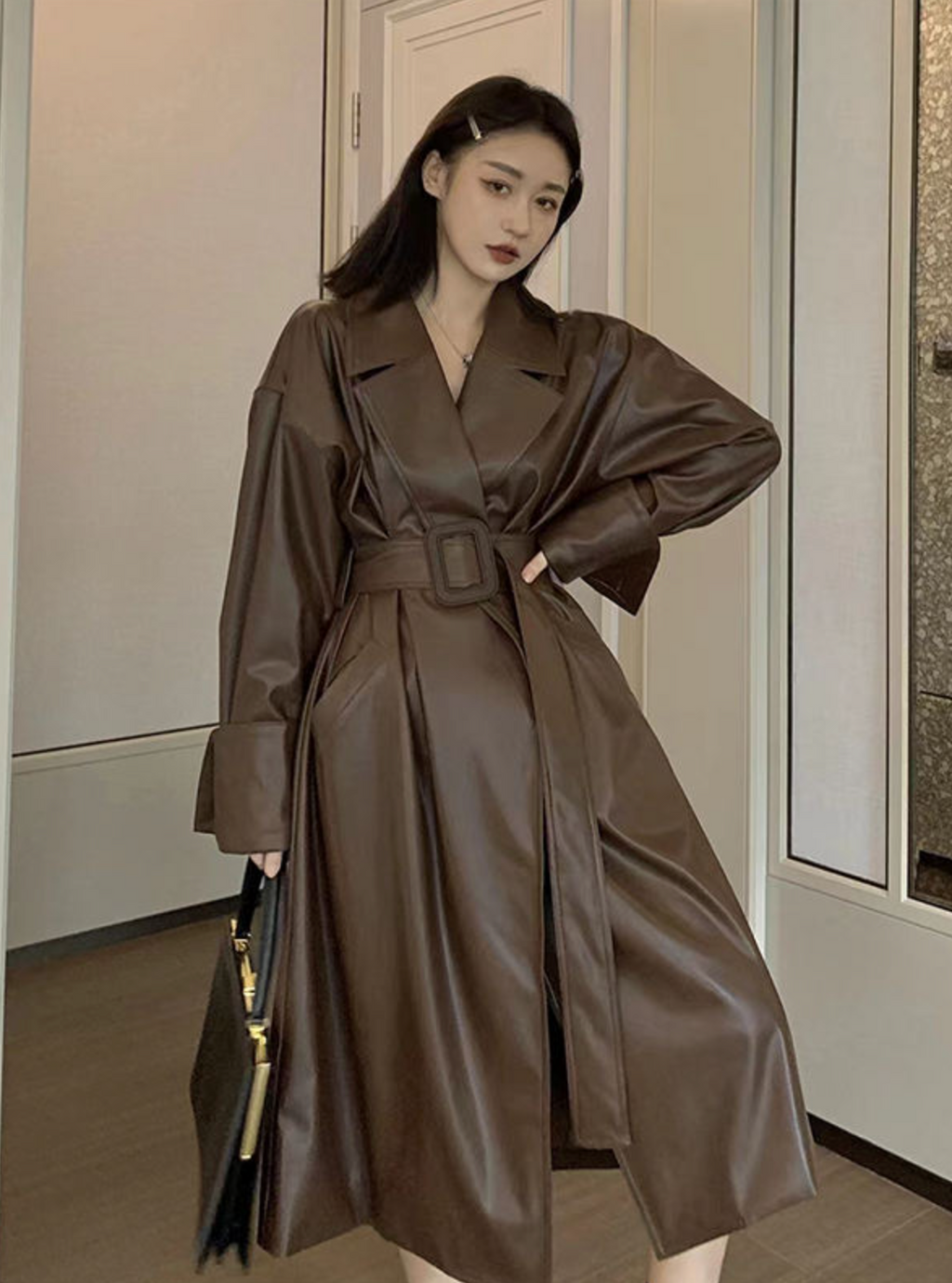 Long PU Leather Trench Coat